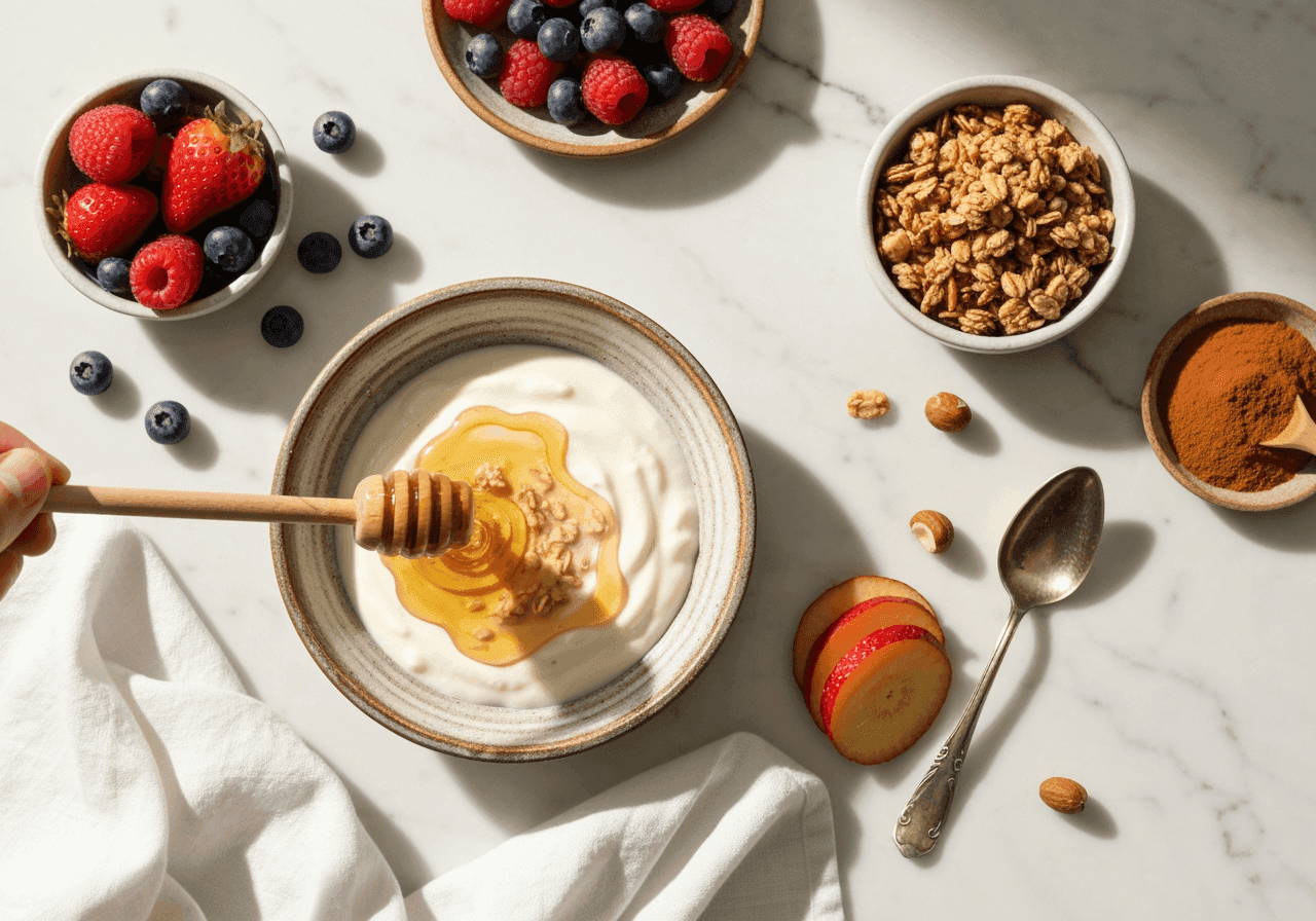 Madu Diarra disajikan dengan yogurt, buah beri, dan granola