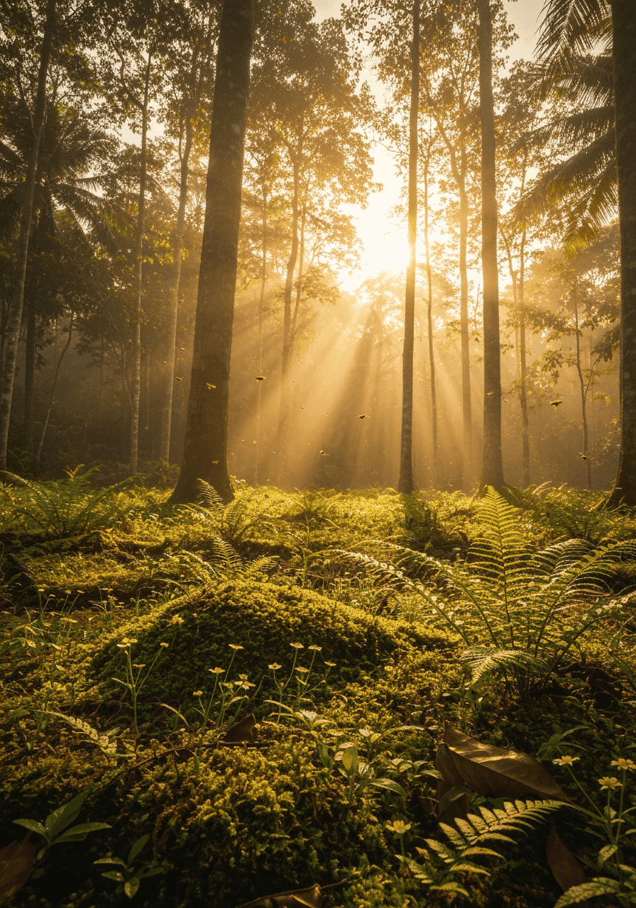 Atmospheric forest with sunlight filtering through trees